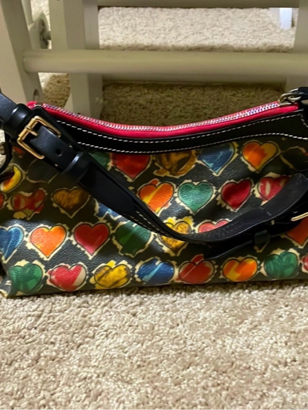 Dooney & Bourke Multicolor Heart-Print Shoulder Bag with Black Trim